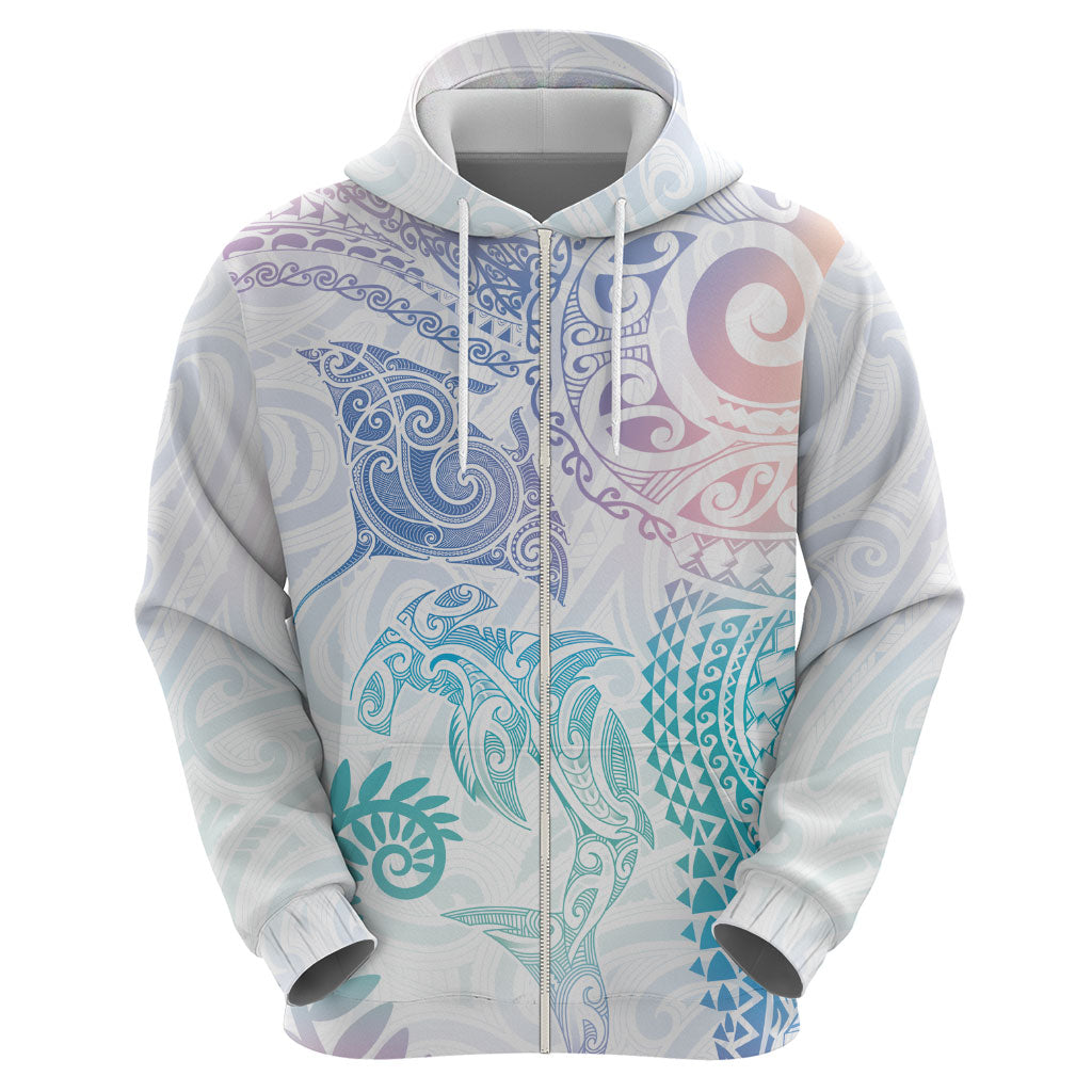 Aotearoa Maori Sea Animals Tribal Zip Hoodie Manta Ray and Shark Moko Pattern Sweet Pastel