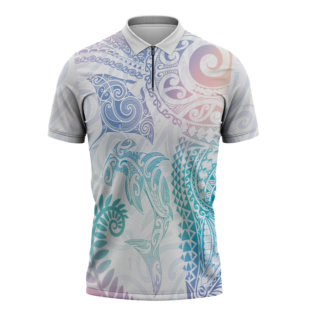 Aotearoa Maori Sea Animals Tribal Zipper Polo Shirt Manta Ray and Shark Moko Pattern Sweet Pastel