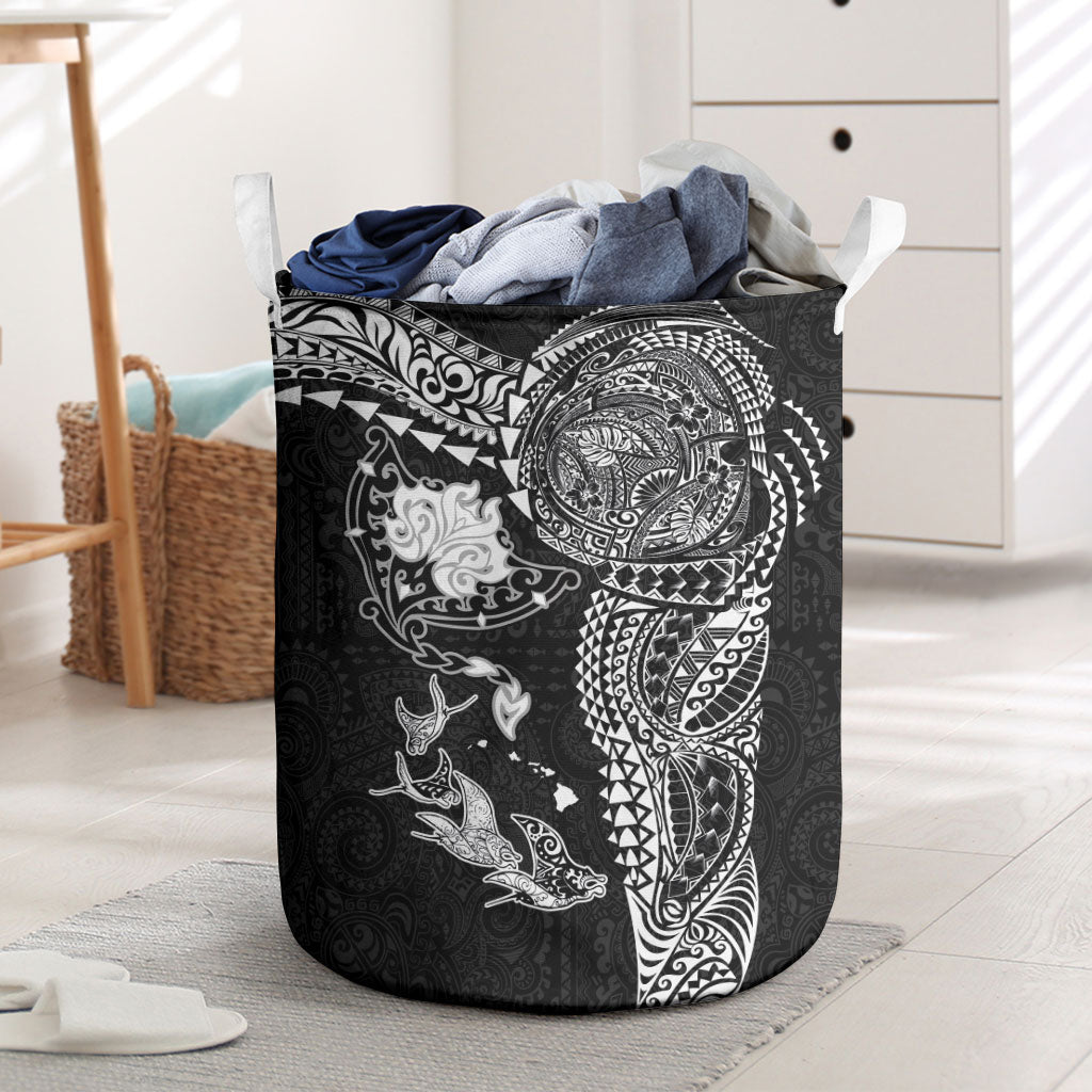 Hawaiian Manta Ray Tribal Laundry Basket Polynesian Art Motifs Black Color