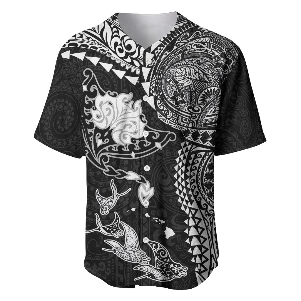 Hawaiian Manta Ray Tribal Baseball Jersey Polynesian Art Motifs Black Color