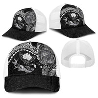 Hawaiian Manta Ray Tribal Baseball Net Cap Polynesian Art Motifs Black Color