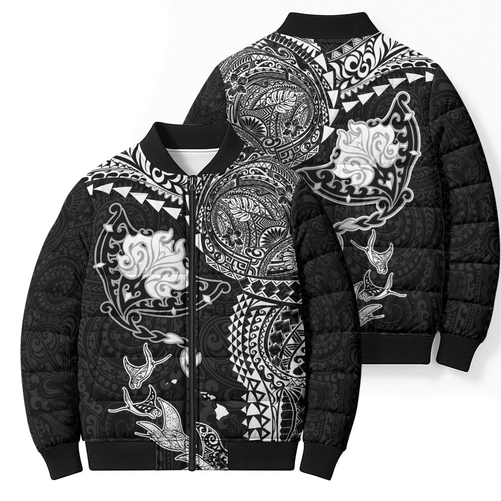 Hawaiian Manta Ray Tribal Bomber Puffer Jacket Polynesian Art Motifs Black Color