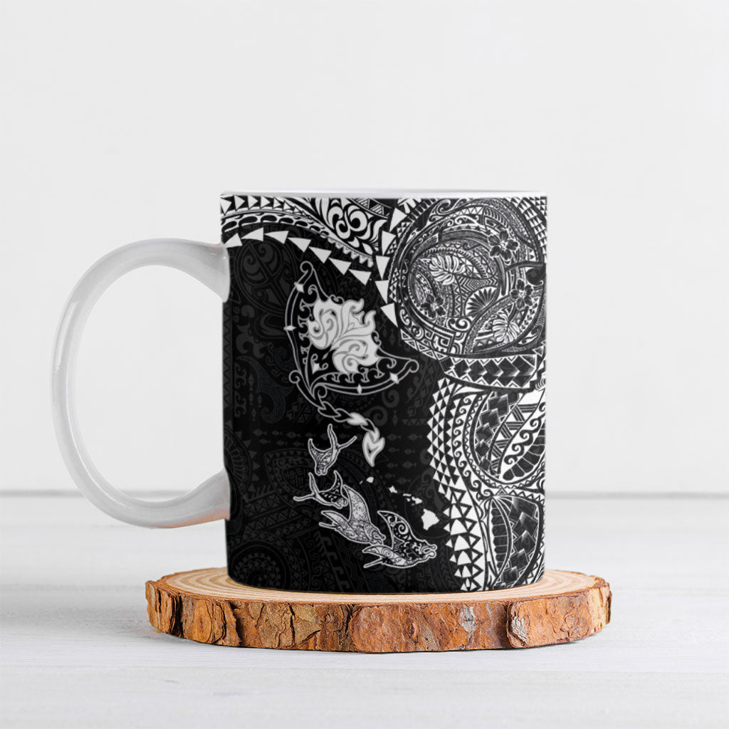 Hawaiian Manta Ray Tribal Ceramic Mug Polynesian Art Motifs Black Color