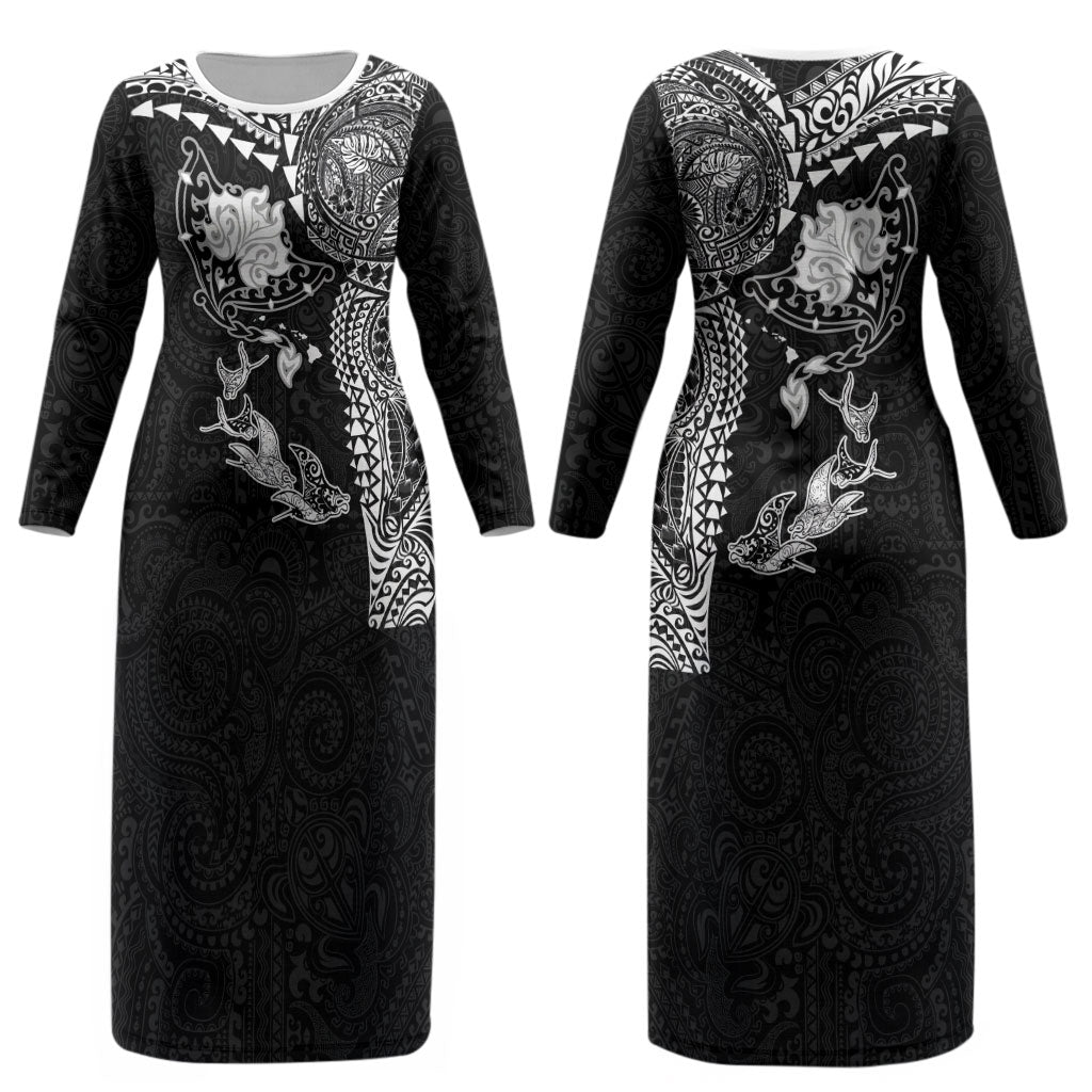 Hawaiian Manta Ray Tribal Couples Matching Long Sleeve Bodycon Dress and Long Sleeve Button Shirt Polynesian Art Motifs Black Color LT03 - Polynesian Pride
