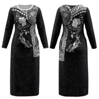Hawaiian Manta Ray Tribal Couples Matching Long Sleeve Bodycon Dress and Long Sleeve Button Shirt Polynesian Art Motifs Black Color LT03 - Polynesian Pride