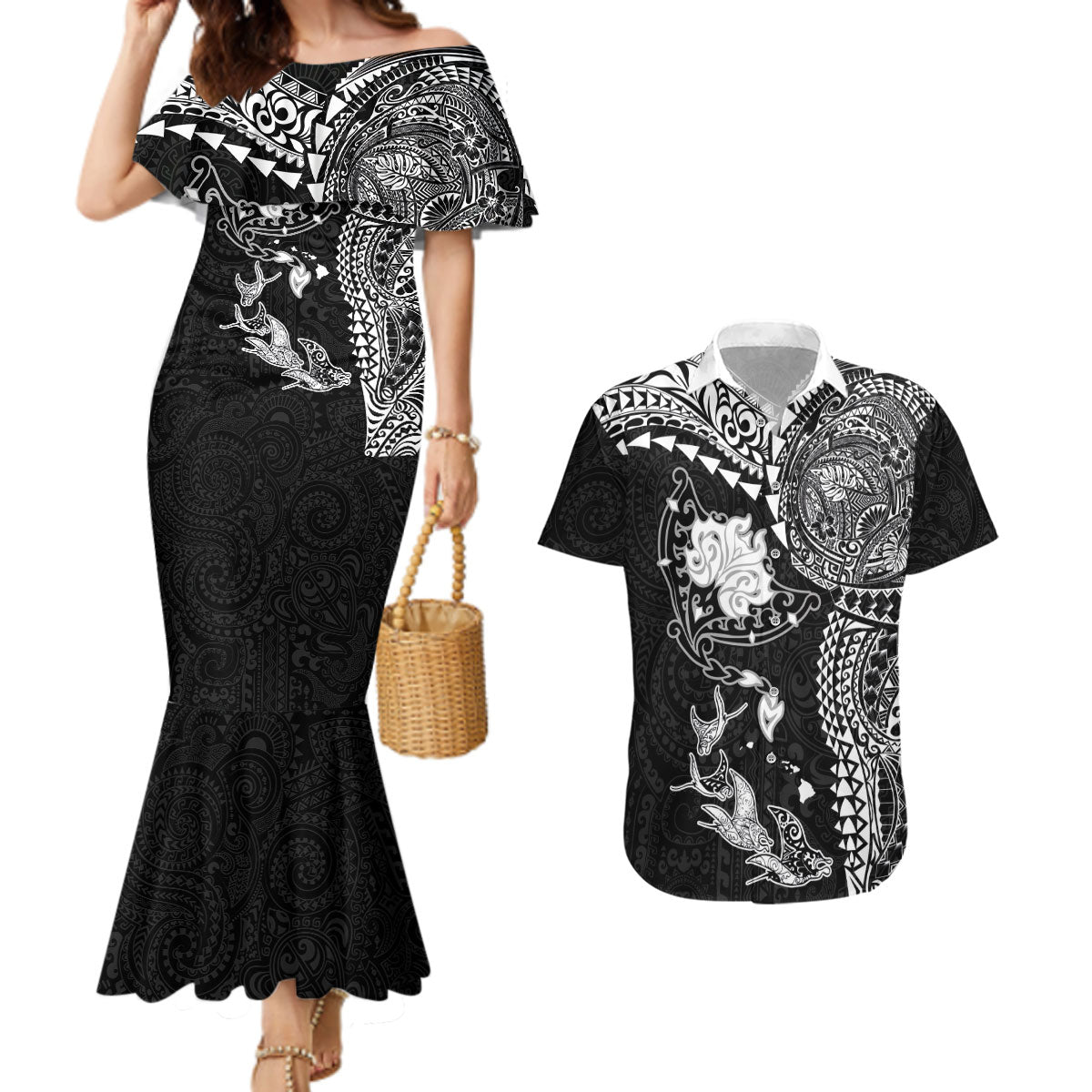 Hawaiian Manta Ray Tribal Couples Matching Mermaid Dress and Hawaiian Shirt Polynesian Art Motifs Black Color