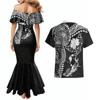 Hawaiian Manta Ray Tribal Couples Matching Mermaid Dress and Hawaiian Shirt Polynesian Art Motifs Black Color