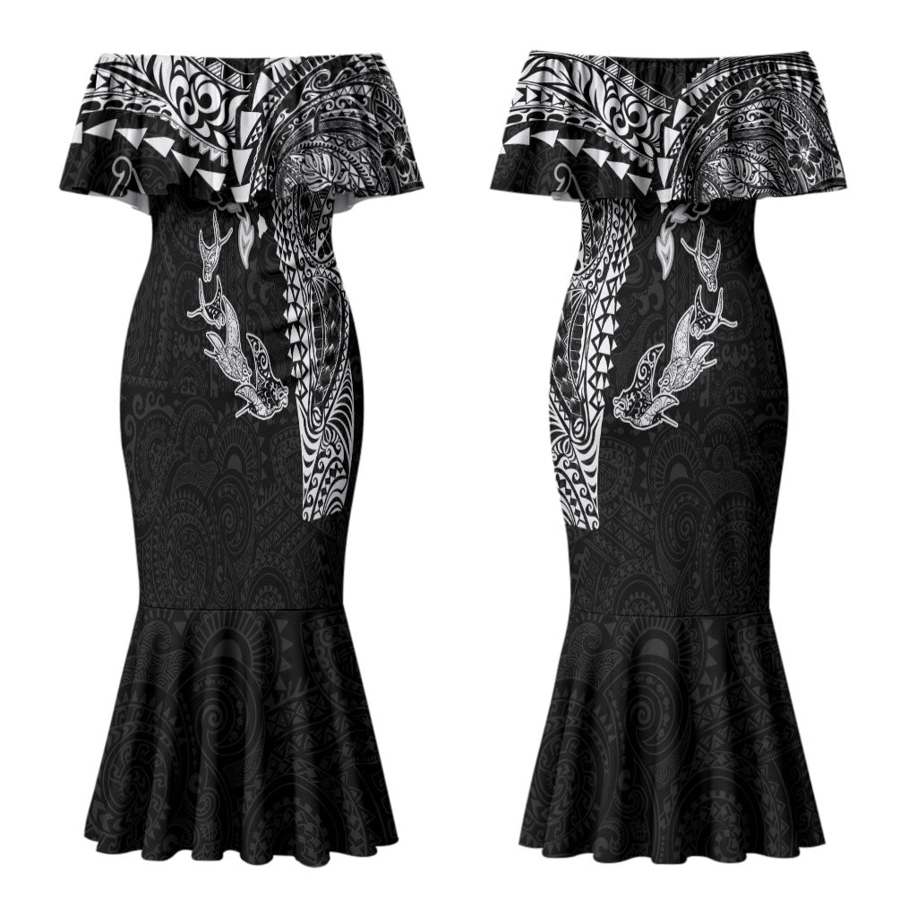 Hawaiian Manta Ray Tribal Couples Matching Mermaid Dress and Long Sleeve Button Shirt Polynesian Art Motifs Black Color LT03 - Polynesian Pride