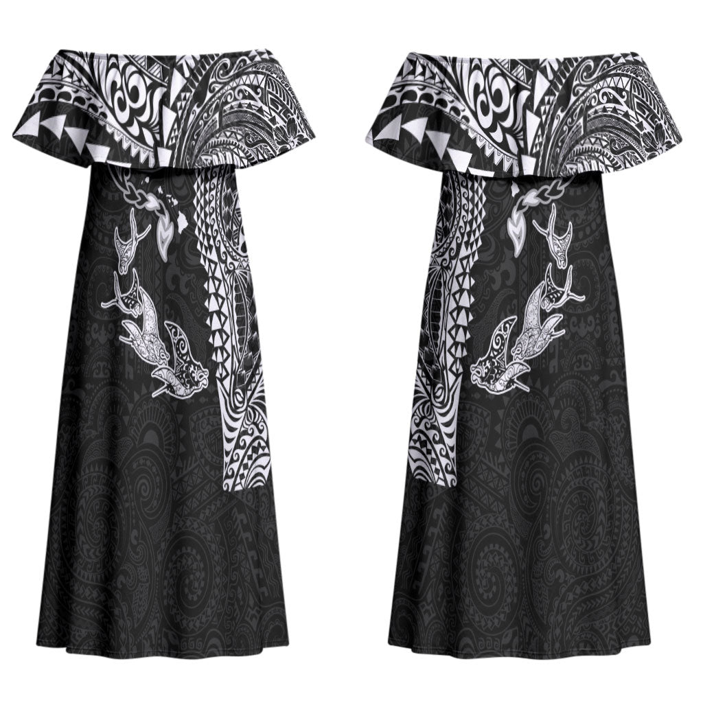 Hawaiian Manta Ray Tribal Couples Matching Off Shoulder Maxi Dress and Hawaiian Shirt Polynesian Art Motifs Black Color LT03 - Polynesian Pride
