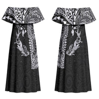 Hawaiian Manta Ray Tribal Couples Matching Off Shoulder Maxi Dress and Hawaiian Shirt Polynesian Art Motifs Black Color LT03 - Polynesian Pride