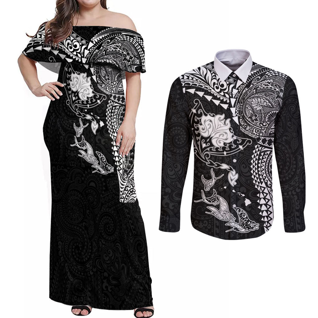 Hawaiian Manta Ray Tribal Couples Matching Off Shoulder Maxi Dress and Long Sleeve Button Shirt Polynesian Art Motifs Black Color