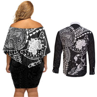 Hawaiian Manta Ray Tribal Couples Matching Off Shoulder Short Dress and Long Sleeve Button Shirt Polynesian Art Motifs Black Color