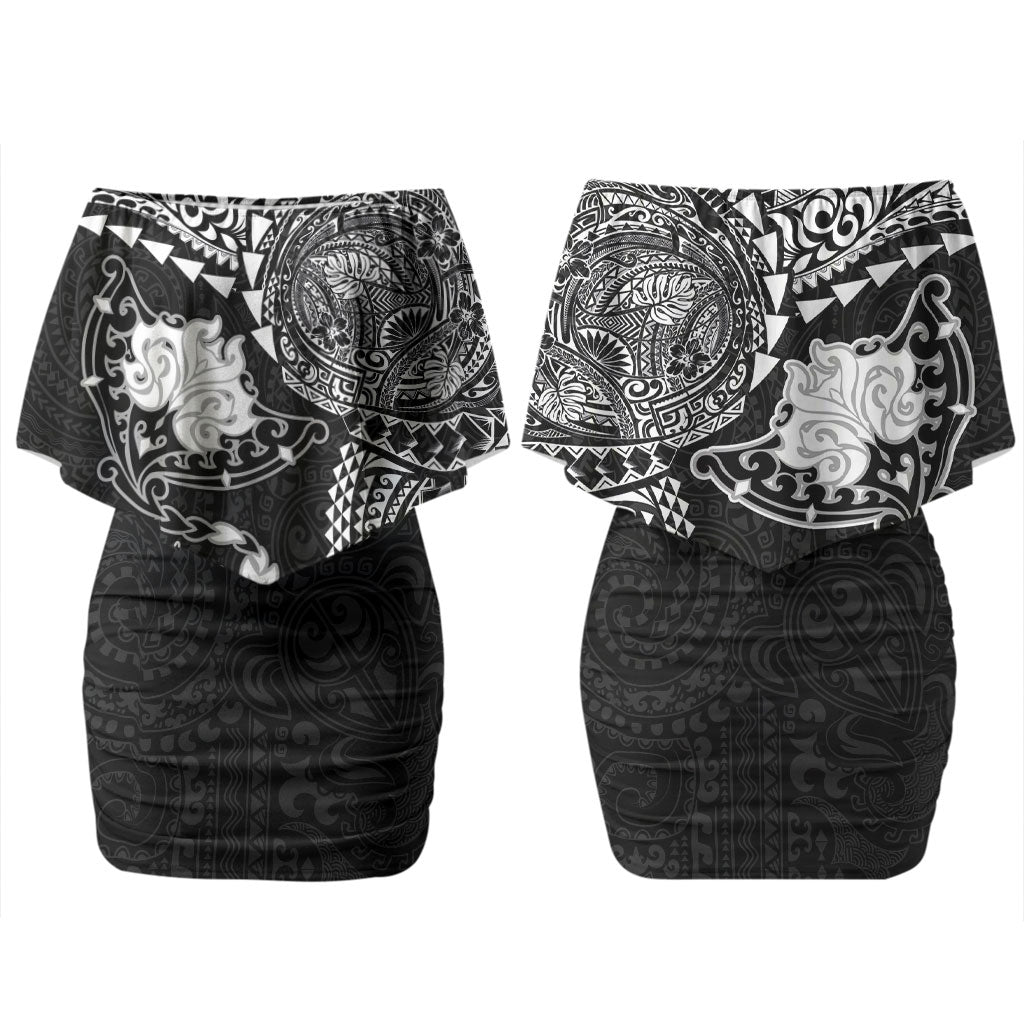 Hawaiian Manta Ray Tribal Couples Matching Off Shoulder Short Dress and Long Sleeve Button Shirt Polynesian Art Motifs Black Color LT03 - Polynesian Pride