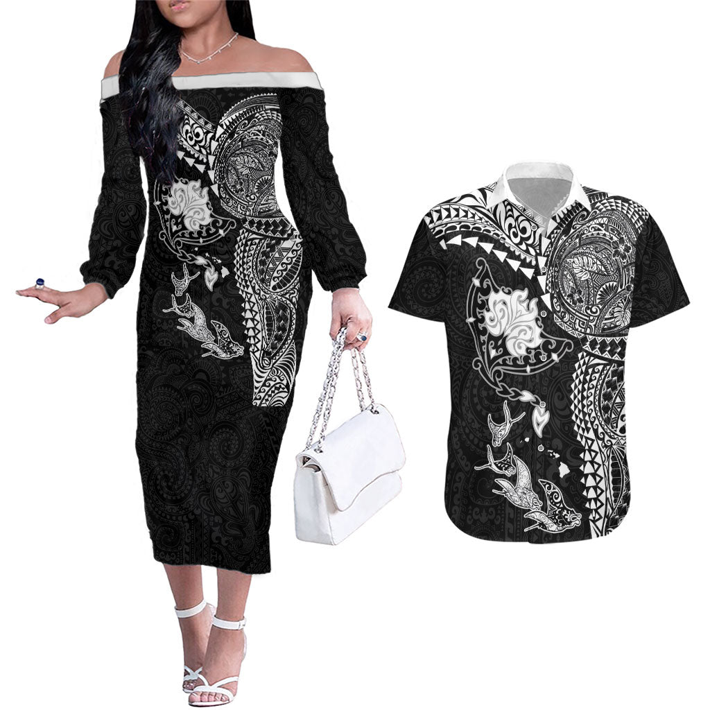 Hawaiian Manta Ray Tribal Couples Matching Off The Shoulder Long Sleeve Dress and Hawaiian Shirt Polynesian Art Motifs Black Color