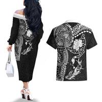 Hawaiian Manta Ray Tribal Couples Matching Off The Shoulder Long Sleeve Dress and Hawaiian Shirt Polynesian Art Motifs Black Color