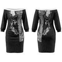 Hawaiian Manta Ray Tribal Couples Matching Off The Shoulder Long Sleeve Dress and Hawaiian Shirt Polynesian Art Motifs Black Color LT03 - Polynesian Pride