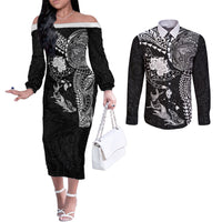 Hawaiian Manta Ray Tribal Couples Matching Off The Shoulder Long Sleeve Dress and Long Sleeve Button Shirt Polynesian Art Motifs Black Color