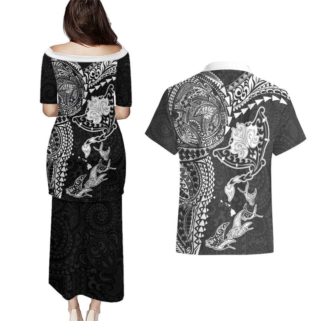 Hawaiian Manta Ray Tribal Couples Matching Puletasi and Hawaiian Shirt Polynesian Art Motifs Black Color