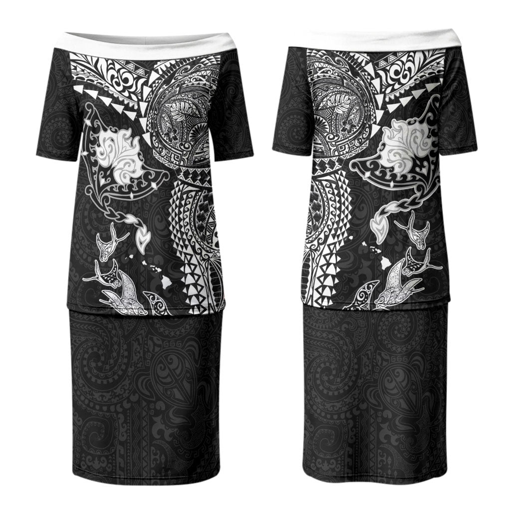 Hawaiian Manta Ray Tribal Couples Matching Puletasi and Long Sleeve Button Shirt Polynesian Art Motifs Black Color LT03 - Polynesian Pride