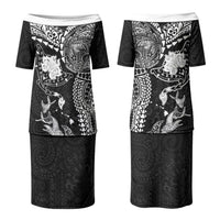 Hawaiian Manta Ray Tribal Couples Matching Puletasi and Long Sleeve Button Shirt Polynesian Art Motifs Black Color LT03 - Polynesian Pride