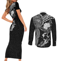 Hawaiian Manta Ray Tribal Couples Matching Short Sleeve Bodycon Dress and Long Sleeve Button Shirt Polynesian Art Motifs Black Color