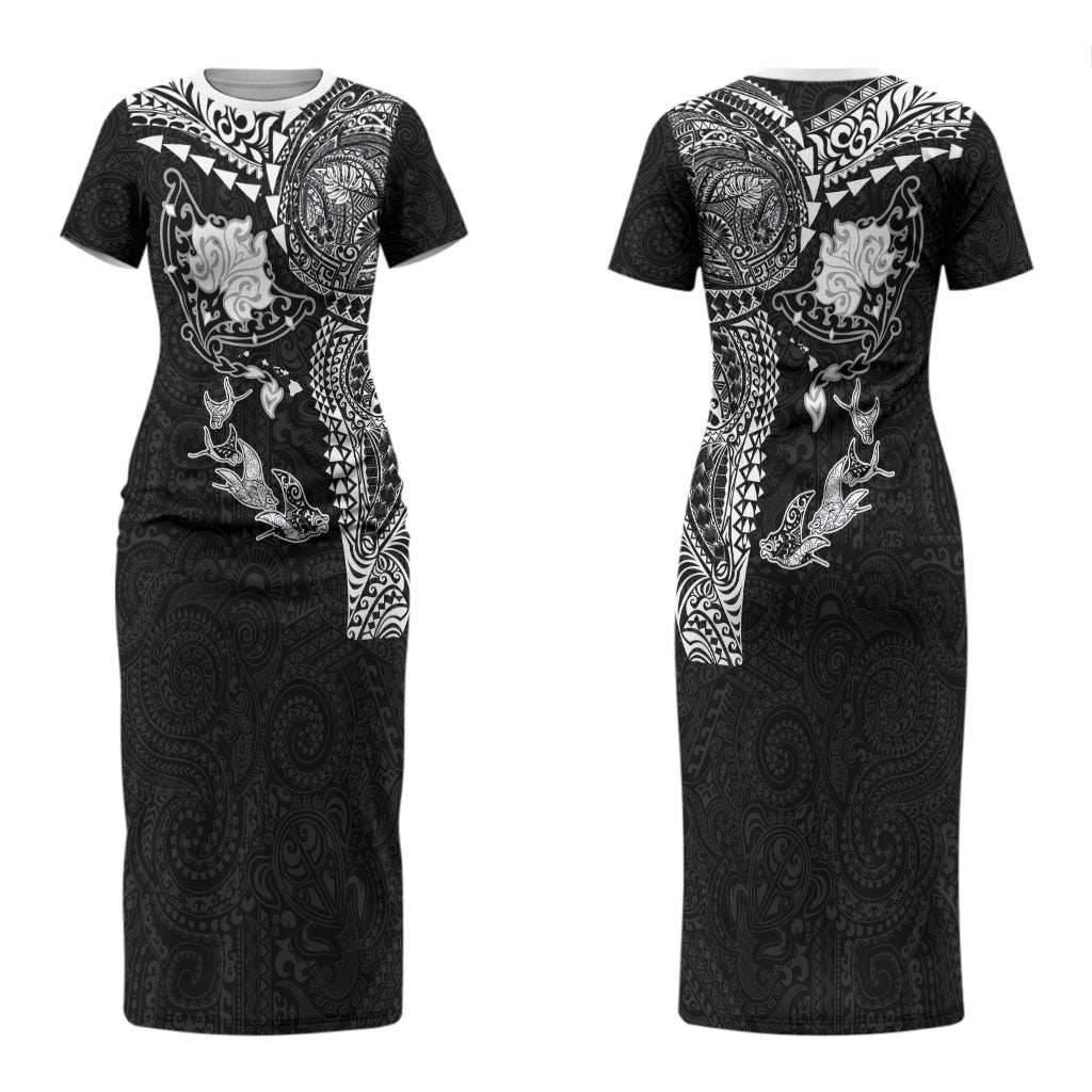Hawaiian Manta Ray Tribal Couples Matching Short Sleeve Bodycon Dress and Long Sleeve Button Shirt Polynesian Art Motifs Black Color LT03 - Polynesian Pride