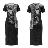 Hawaiian Manta Ray Tribal Couples Matching Short Sleeve Bodycon Dress and Long Sleeve Button Shirt Polynesian Art Motifs Black Color LT03 - Polynesian Pride