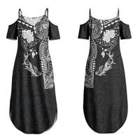 Hawaiian Manta Ray Tribal Couples Matching Summer Maxi Dress and Hawaiian Shirt Polynesian Art Motifs Black Color LT03 - Polynesian Pride