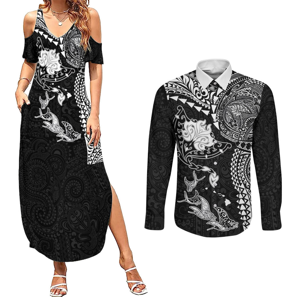 Hawaiian Manta Ray Tribal Couples Matching Summer Maxi Dress and Long Sleeve Button Shirt Polynesian Art Motifs Black Color