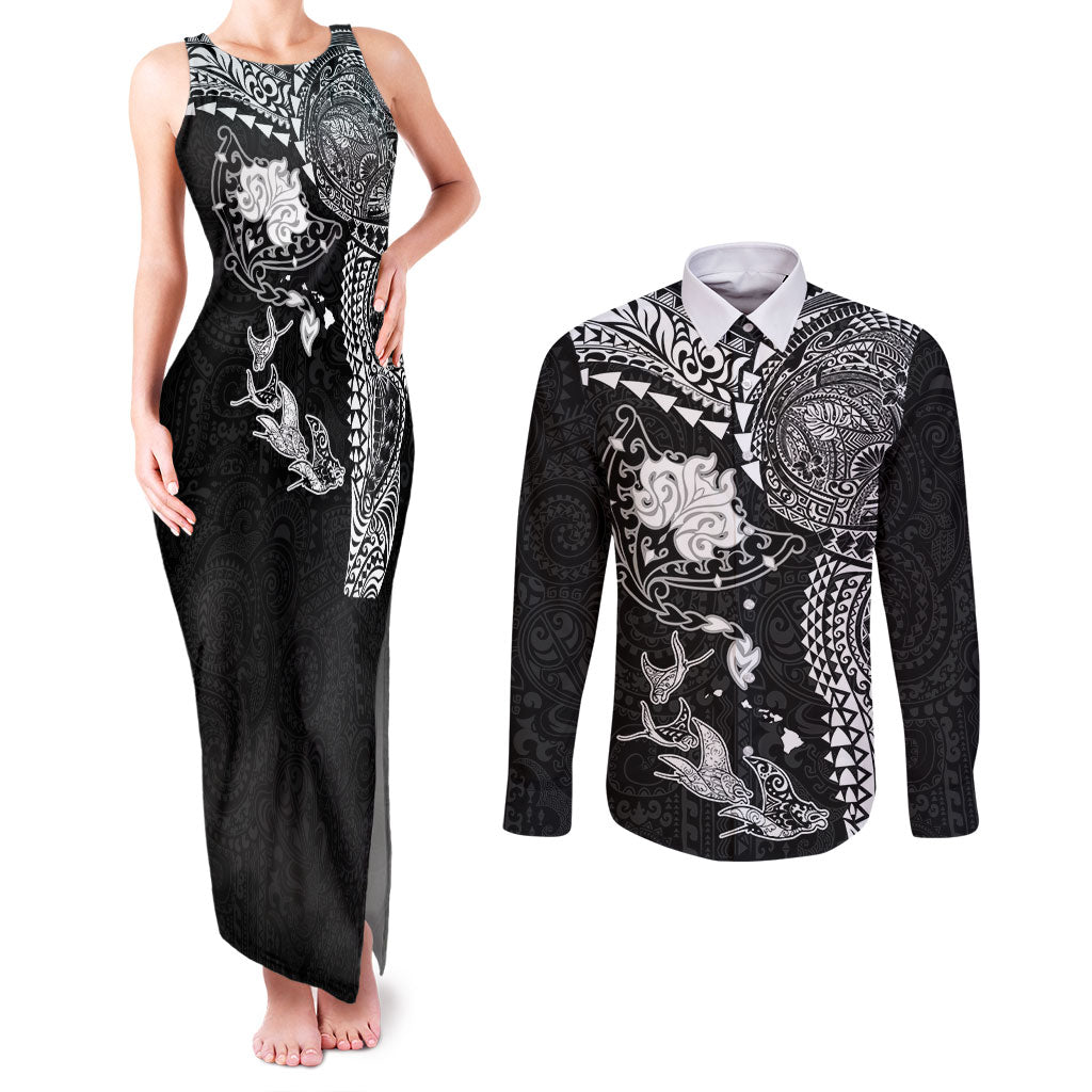 Hawaiian Manta Ray Tribal Couples Matching Tank Maxi Dress and Long Sleeve Button Shirt Polynesian Art Motifs Black Color