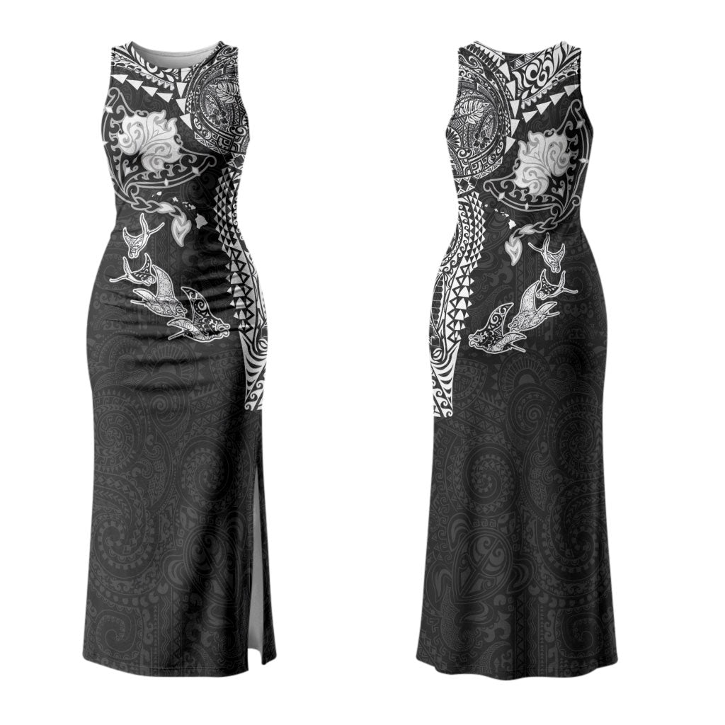 Hawaiian Manta Ray Tribal Couples Matching Tank Maxi Dress and Long Sleeve Button Shirt Polynesian Art Motifs Black Color LT03 - Polynesian Pride