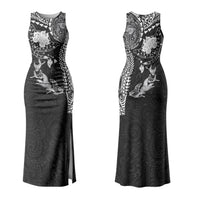 Hawaiian Manta Ray Tribal Couples Matching Tank Maxi Dress and Long Sleeve Button Shirt Polynesian Art Motifs Black Color LT03 - Polynesian Pride