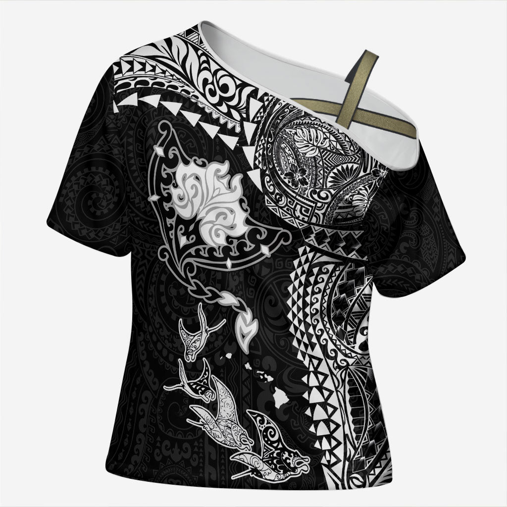 Hawaiian Manta Ray Tribal Cross Shoulder Shirt Polynesian Art Motifs Black Color