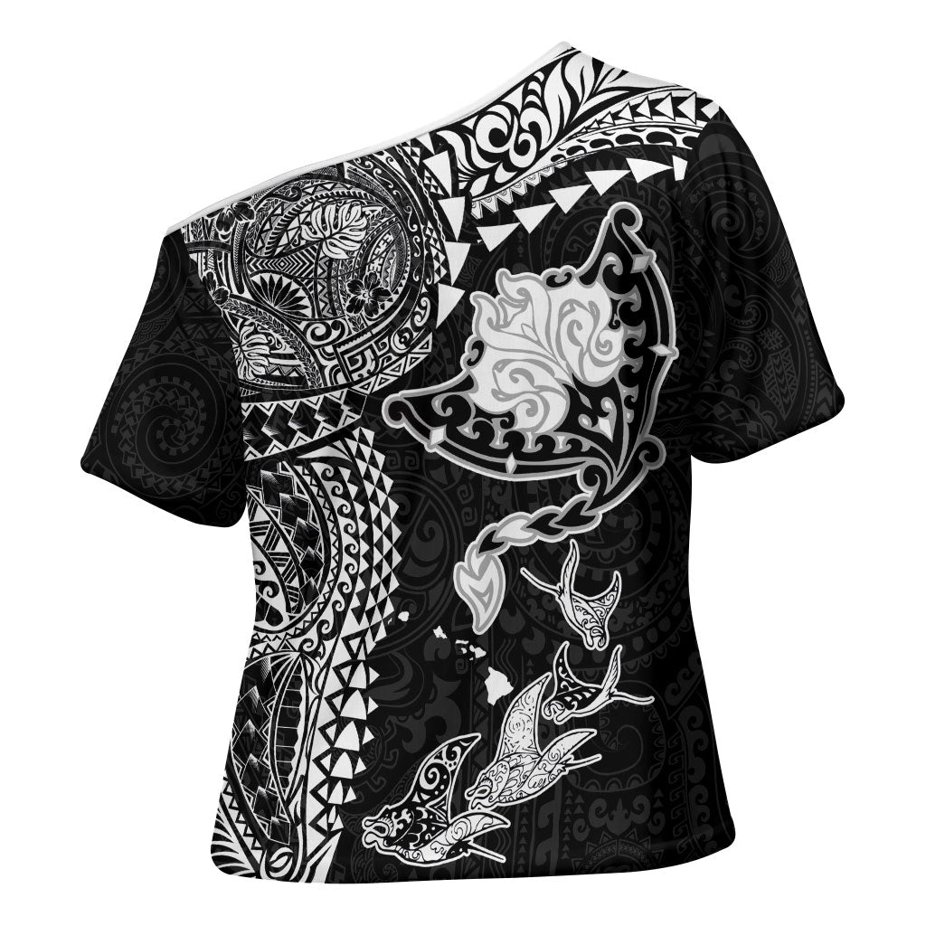 Hawaiian Manta Ray Tribal Cross Shoulder Shirt Polynesian Art Motifs Black Color