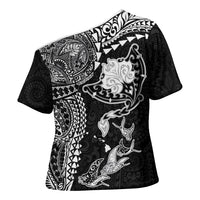 Hawaiian Manta Ray Tribal Cross Shoulder Shirt Polynesian Art Motifs Black Color