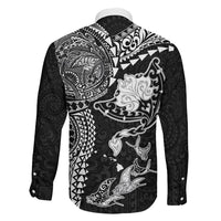 Hawaiian Manta Ray Tribal Family Matching Off The Shoulder Long Sleeve Dress and Hawaiian Shirt Polynesian Art Motifs Black Color
