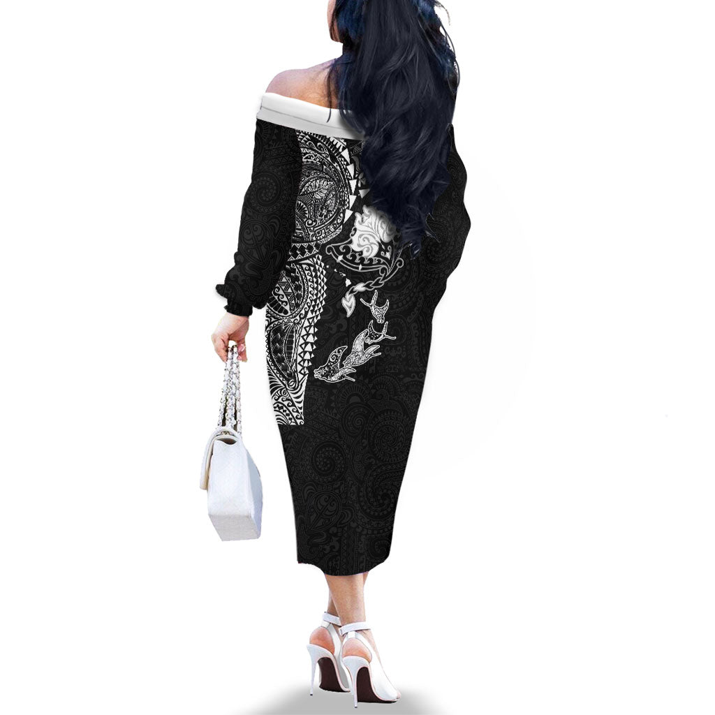Hawaiian Manta Ray Tribal Family Matching Off The Shoulder Long Sleeve Dress and Hawaiian Shirt Polynesian Art Motifs Black Color