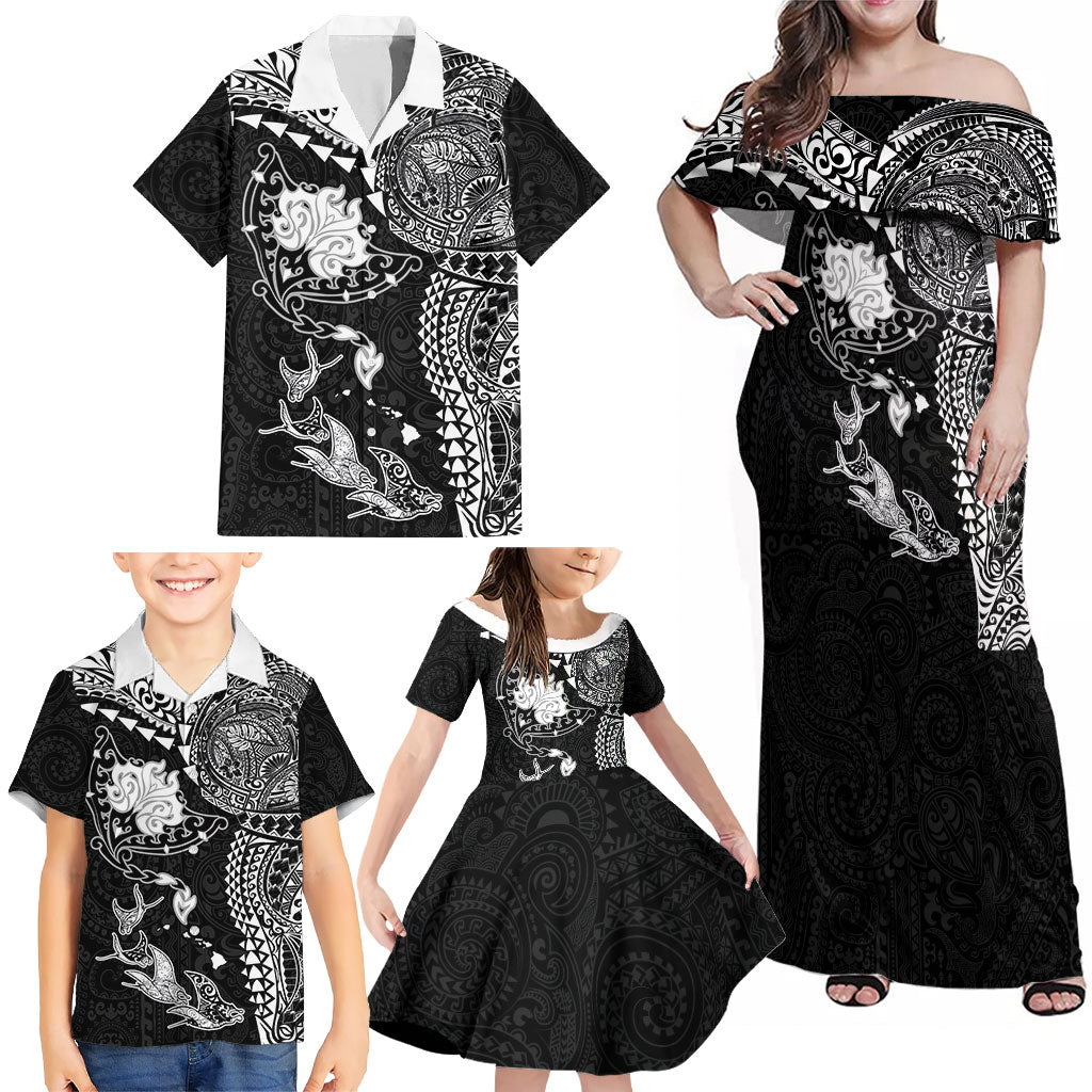 Hawaiian Manta Ray Tribal Family Matching Off Shoulder Maxi Dress and Hawaiian Shirt Polynesian Art Motifs Black Color
