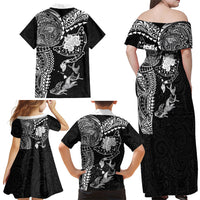 Hawaiian Manta Ray Tribal Family Matching Off Shoulder Maxi Dress and Hawaiian Shirt Polynesian Art Motifs Black Color