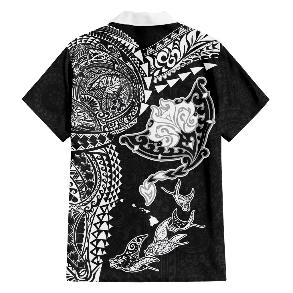 Hawaiian Manta Ray Tribal Family Matching Off Shoulder Maxi Dress and Hawaiian Shirt Polynesian Art Motifs Black Color