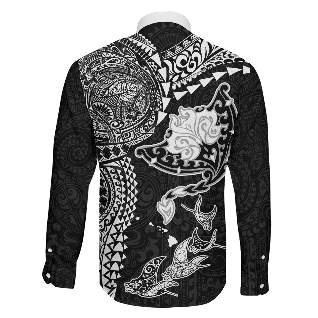 Hawaiian Manta Ray Tribal Family Matching Off Shoulder Maxi Dress and Hawaiian Shirt Polynesian Art Motifs Black Color