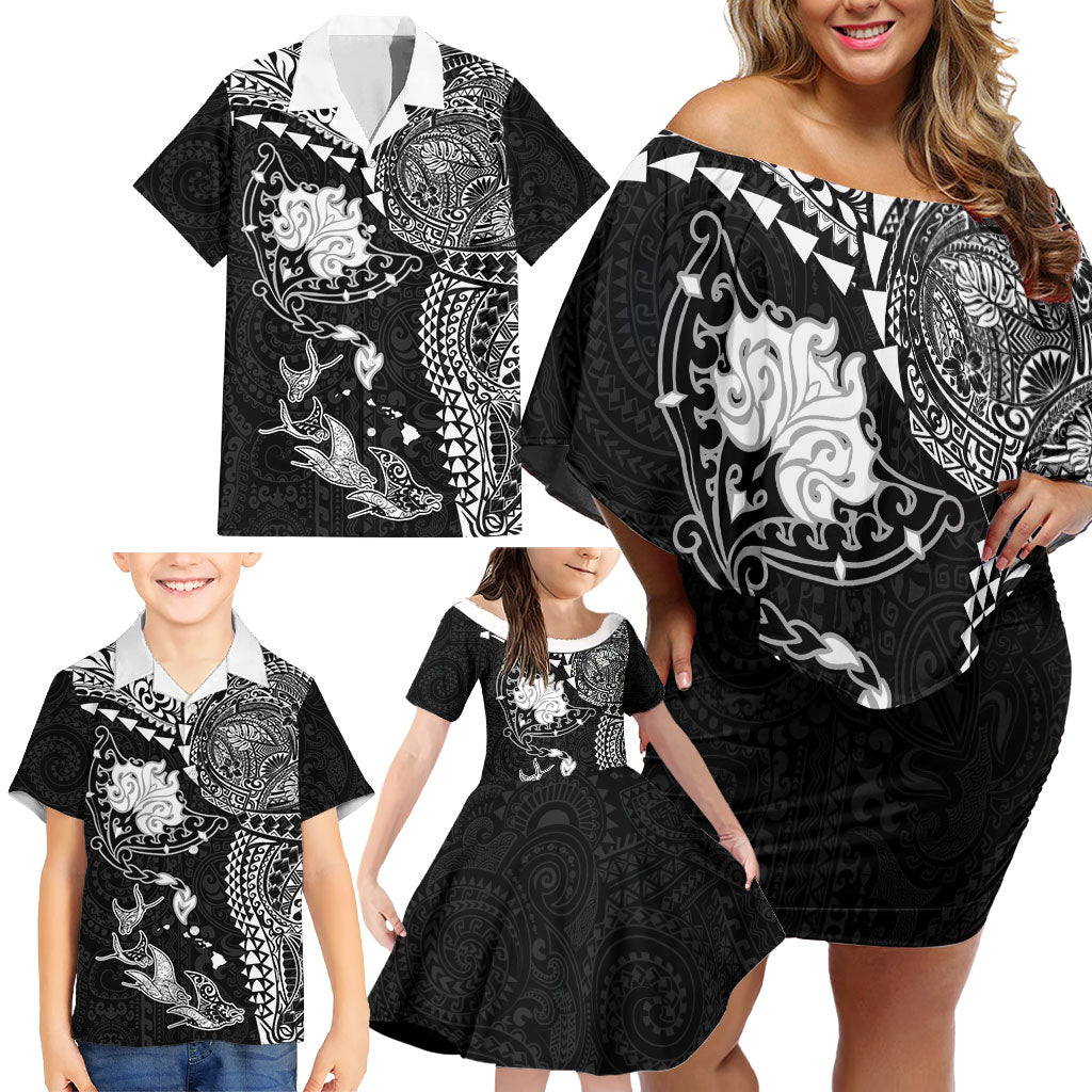 Hawaiian Manta Ray Tribal Family Matching Off Shoulder Short Dress and Hawaiian Shirt Polynesian Art Motifs Black Color