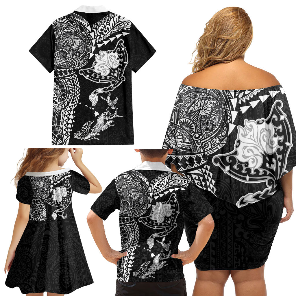 Hawaiian Manta Ray Tribal Family Matching Off Shoulder Short Dress and Hawaiian Shirt Polynesian Art Motifs Black Color