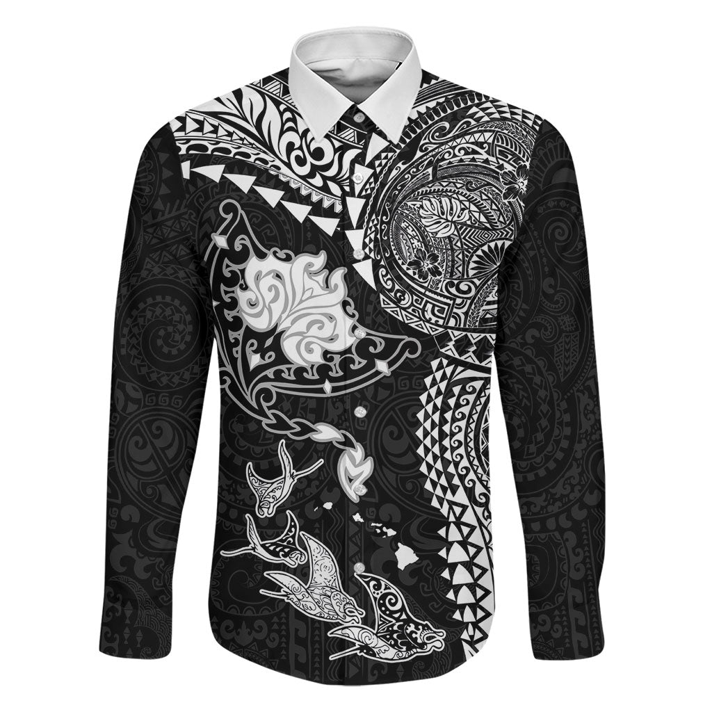 Hawaiian Manta Ray Tribal Family Matching Off Shoulder Short Dress and Hawaiian Shirt Polynesian Art Motifs Black Color