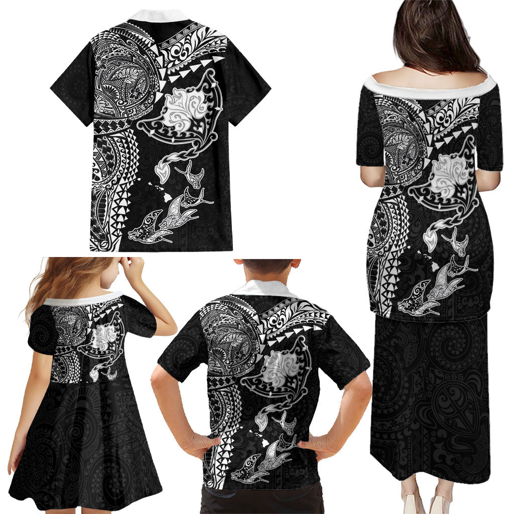 Hawaiian Manta Ray Tribal Family Matching Puletasi and Hawaiian Shirt Polynesian Art Motifs Black Color