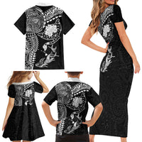 Hawaiian Manta Ray Tribal Family Matching Short Sleeve Bodycon Dress and Hawaiian Shirt Polynesian Art Motifs Black Color
