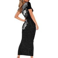 Hawaiian Manta Ray Tribal Family Matching Short Sleeve Bodycon Dress and Hawaiian Shirt Polynesian Art Motifs Black Color