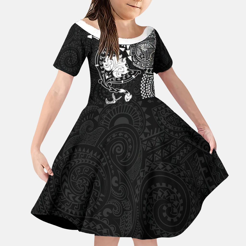 Hawaiian Manta Ray Tribal Family Matching Summer Maxi Dress and Hawaiian Shirt Polynesian Art Motifs Black Color