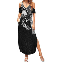 Hawaiian Manta Ray Tribal Family Matching Summer Maxi Dress and Hawaiian Shirt Polynesian Art Motifs Black Color