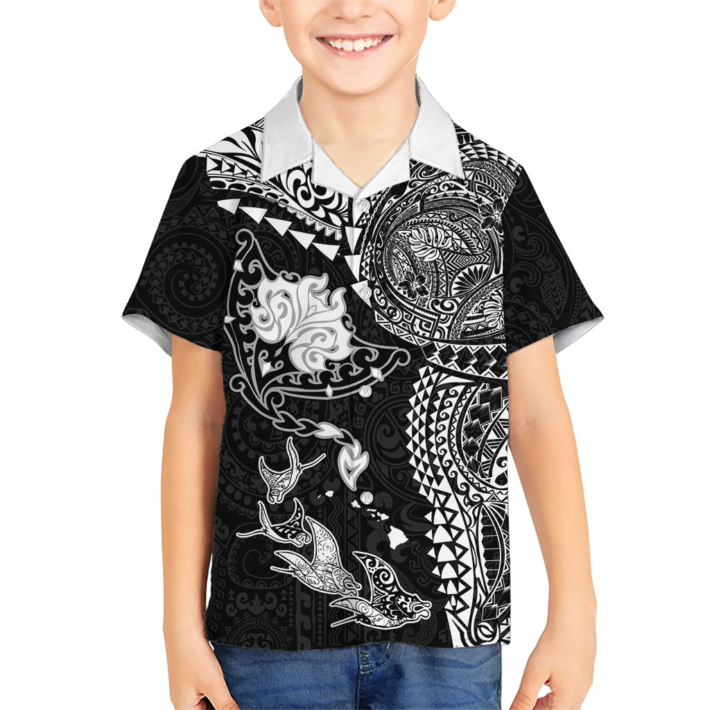 Hawaiian Manta Ray Tribal Family Matching Summer Maxi Dress and Hawaiian Shirt Polynesian Art Motifs Black Color